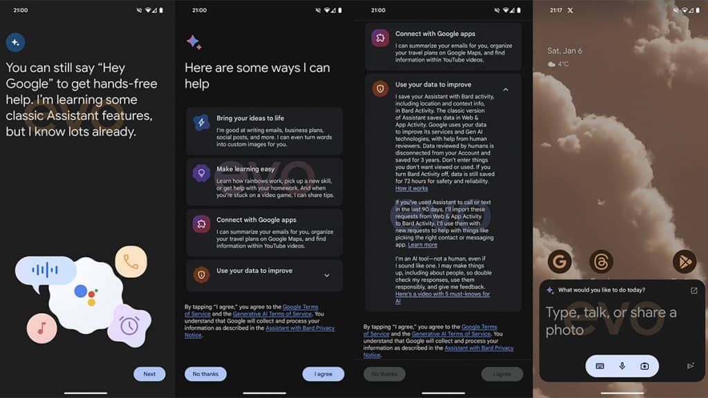Capturas de tela de interface do Google Assistente com Bard