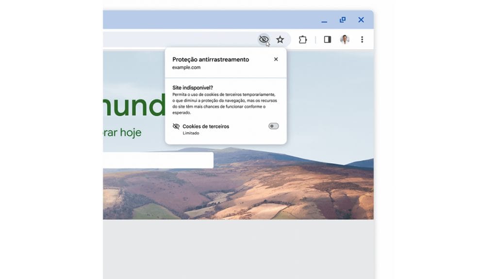 Captura de tela de janela do Google Chrome com botão para barrar bloqueio de cookies