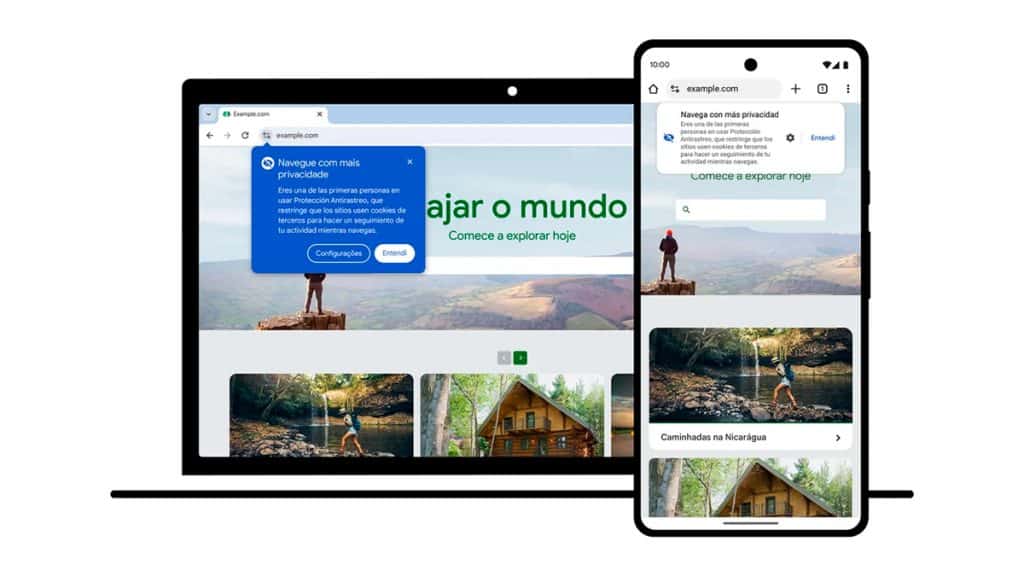 Montagem com aviso sobre bloqueio de cookies no Google Chrome num notebook e celular Android