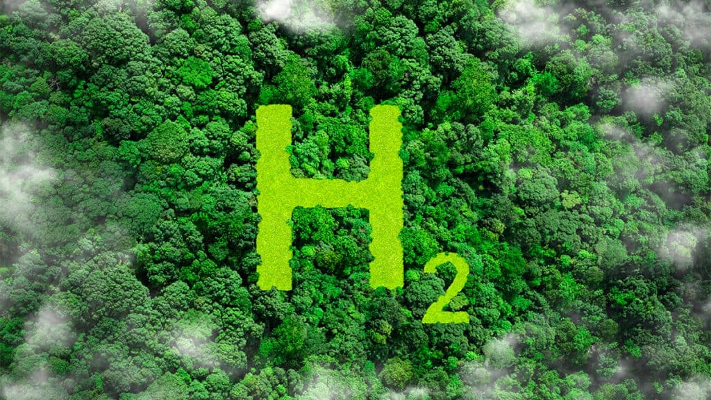Ilustração de H2, símbolo do hidrogênio, sobre floresta