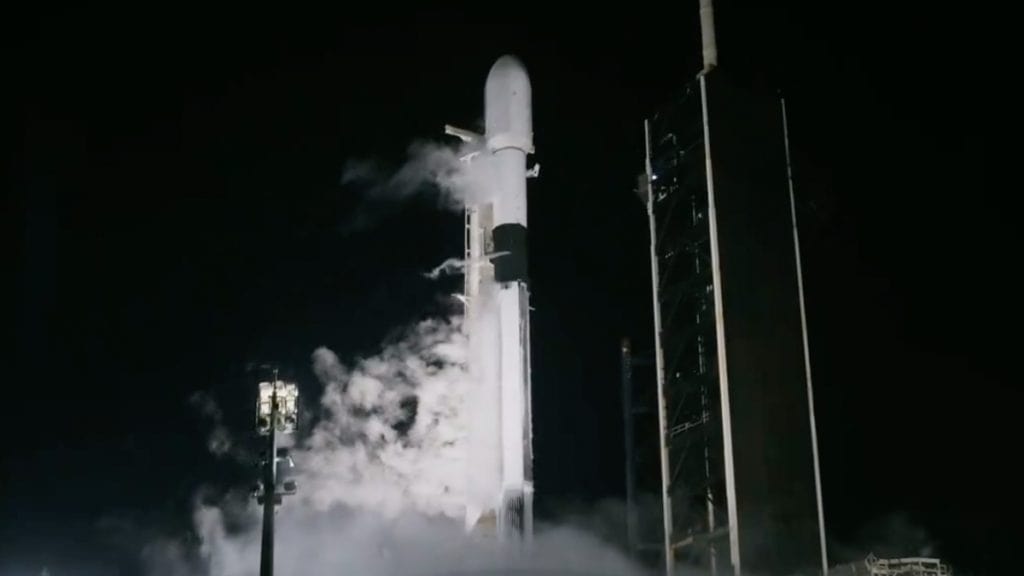 Captura de tela da transmissão ao vivo do lançamento da SpaceX da missão IM-1