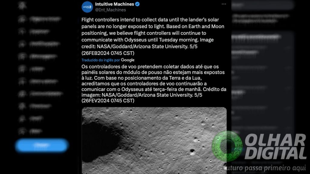 Captura de tela de tweet da Intuitive Machines sobre funcionamento da sonda Odysseus