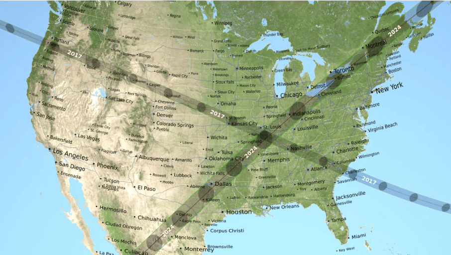 Caminho e faixa onde aconteceu o Eclipse Solar Total de 2017 em comparação com o de 2024 (Crédito: Ernest Wright/ Estúdio de Vizualização Cientifica da NASA)