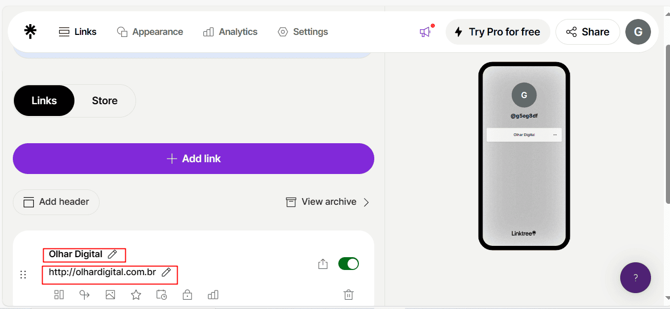 3 - como adicionar links no linktree