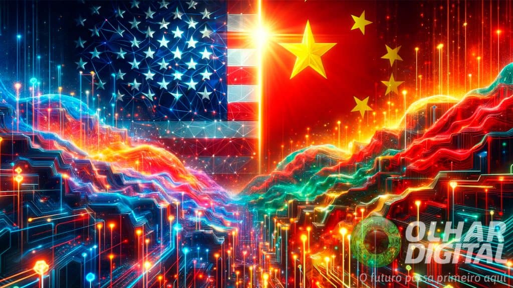 Ilustração de inteligência artificial com bandeiras dos Estados Unidos e China ao fundo