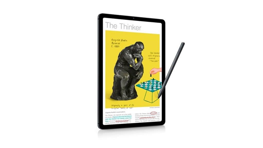 Montagem com ilustração de Galaxy Tab S6 Lite (2024) com desenho e anotações na tela e caneta S Pen do lado