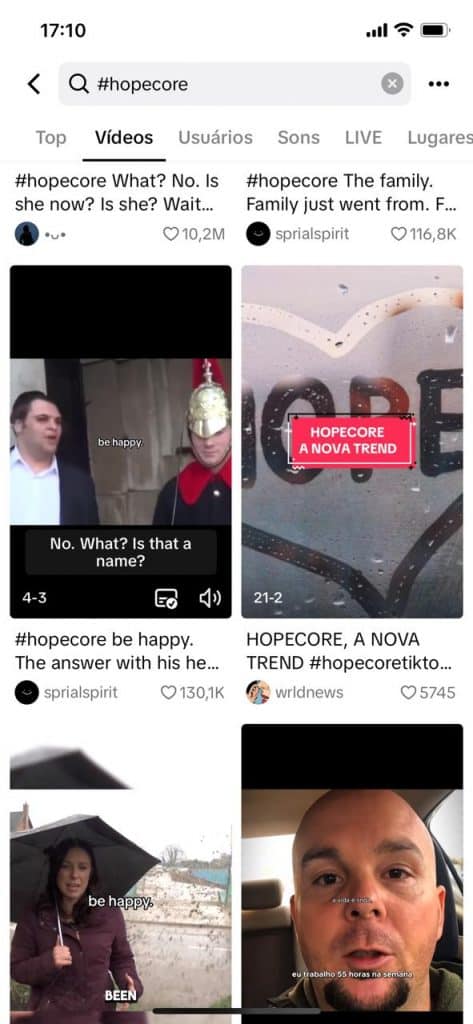 Print da procura pela #hopecore no TikTok