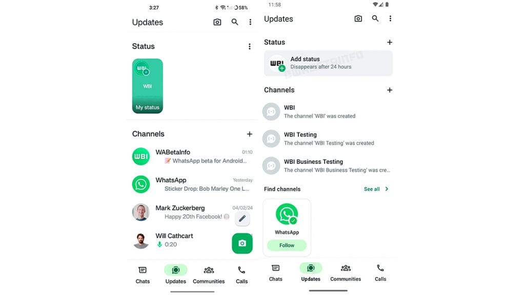 Montagem com capturas de tela de novo layout em teste na aba Atualizações do WhatsApp