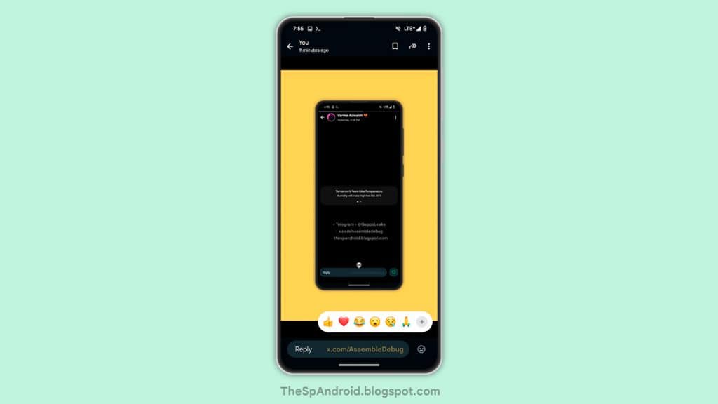 Montagem com captura de tela de botão de reação em mídia que está em teste na versão beta do WhatsApp