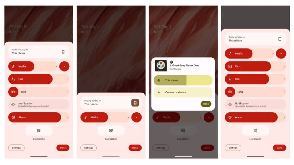 Montagem com capturas de tela de novo menu no Android 15