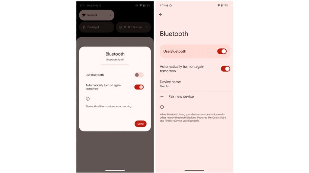 Montagem com capturas de tela de novo menu no Android 15