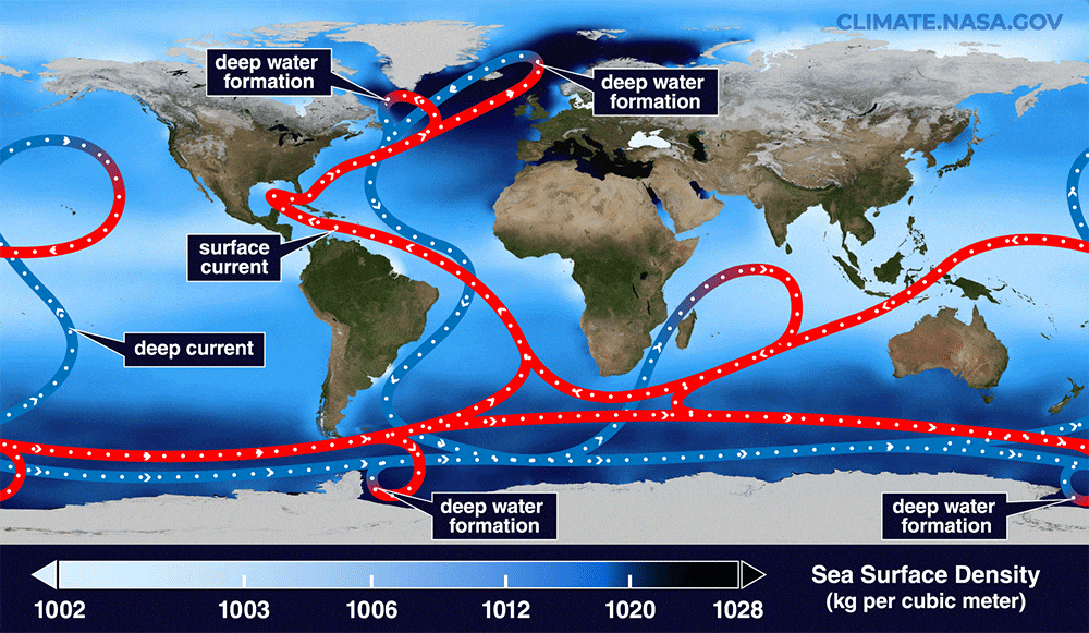 A animação mostra de forma simplificada as correrntes maritimas globais, inclusive a Circulação Meridional do Atlântico (AMOC) no Oceano Atlântico (Crédito: NASA/Goddard Space Flight Center Scientific Visualization Studio)