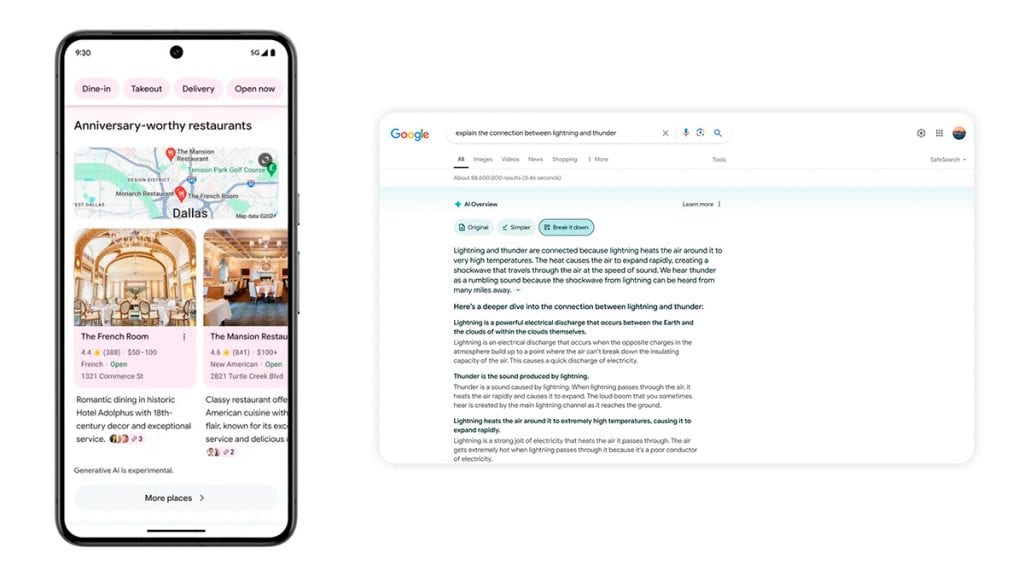 Montagem com pesquisa no Google com IA em celular e computador