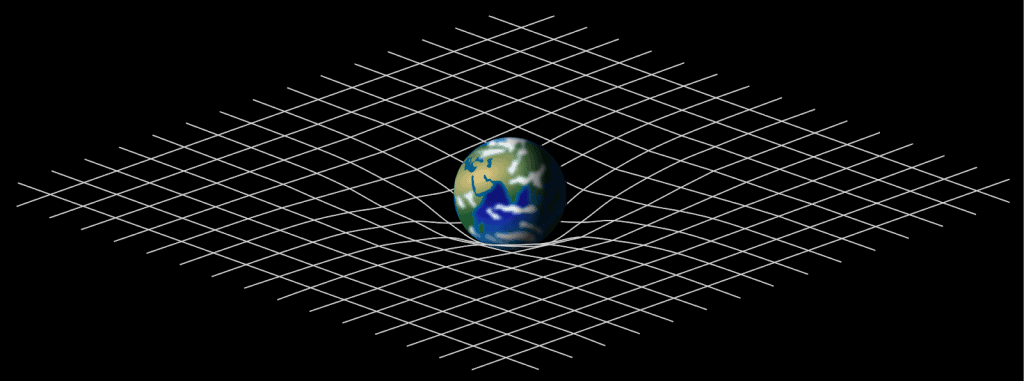 [ Analogia da deformação do espaço-tempo provocada pela massa da Terra - Imagem: Mysid/wikimedia.org ]