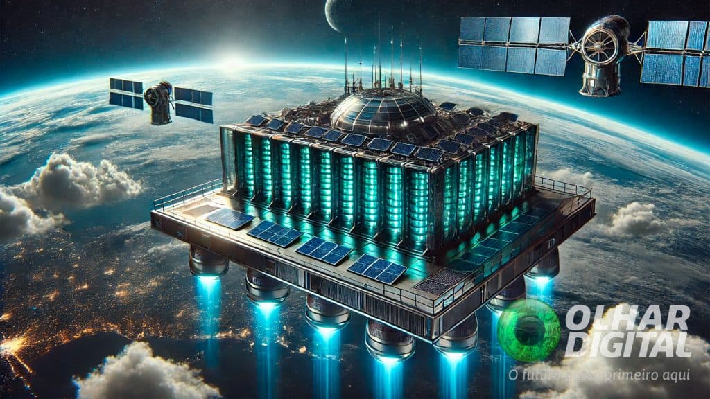 Ilustração de ideia da Europa, de data center no espaço