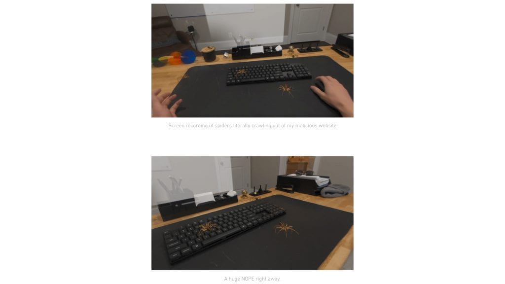 Montagem com capturas de tela de vídeo de visão em primeira pessoa de hack com aranhas no Apple Vision Pro
