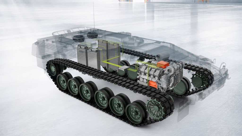 Ilustração estilo visão raio-x mostrando motor projetado pela Rolls-Royce para tanques de guerra