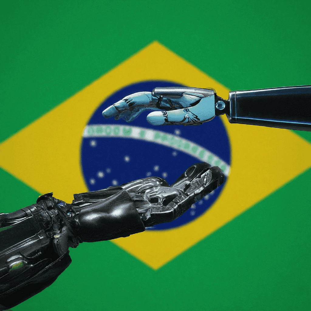 Mãos de robôs à frente da bandeira do Brasil