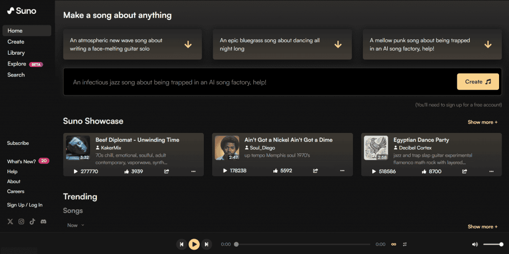 Interface do Suno