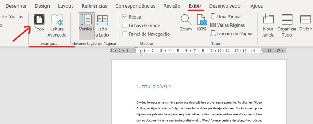 Imagem mostra reprodução de tela com destaque para o Modo Foco, um dos os recursos do Word