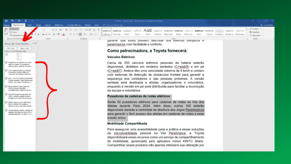 Captura de tela de um dos recursos do Word