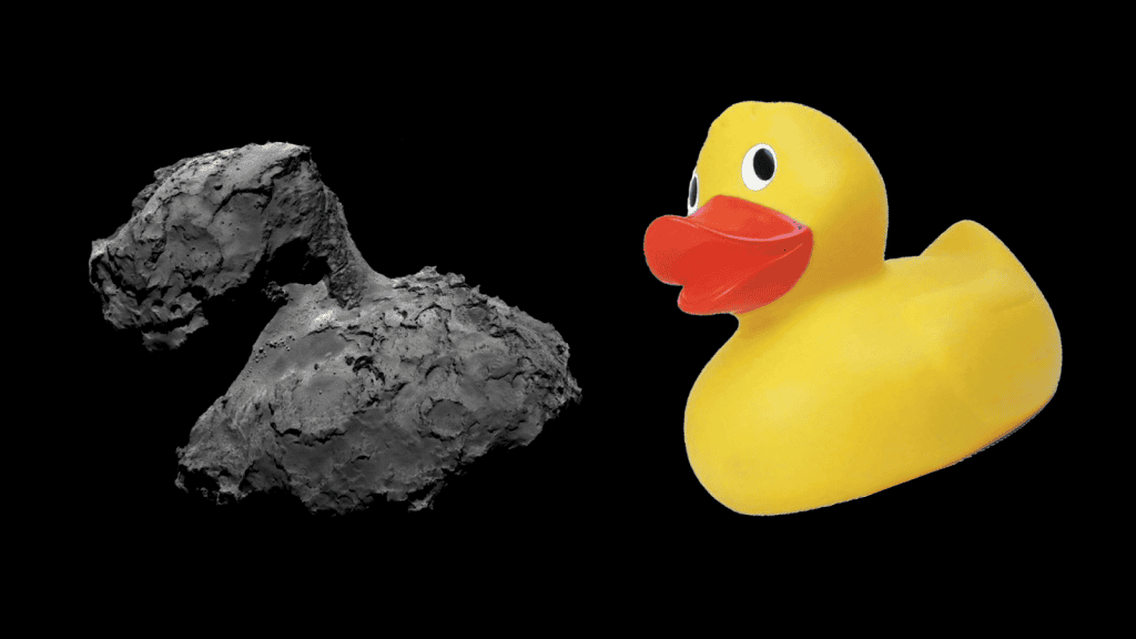 [ Cometa 67P/Churyumov-Gerasimenko e seu formato peculiar de patinho de borracha - Imagem: ESA/Rosetta/Reprodução Twitter ]