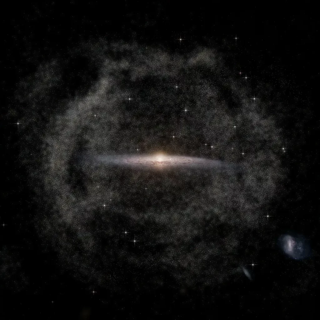Via Láctea (Crédito: Halo estrelas: ESA/Gaia/DPAC, T Donlon et al. 2024; Plano de fundo da Via Láctea e Nuvens de Magalhães: Stefan Payne-Wardenaar)