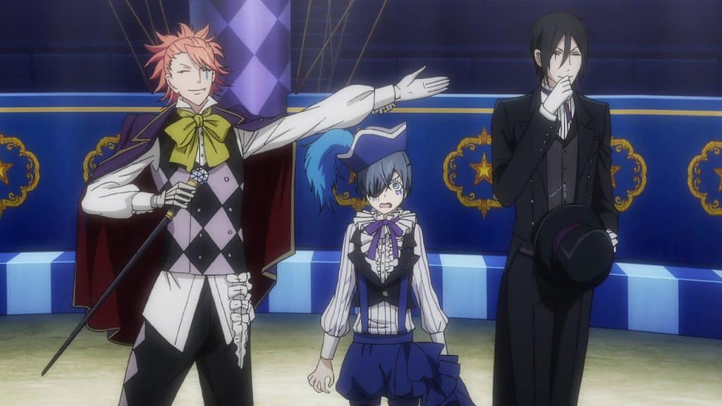 Imagem descreve três personagens dentro de um circo, apresentando-se para o público