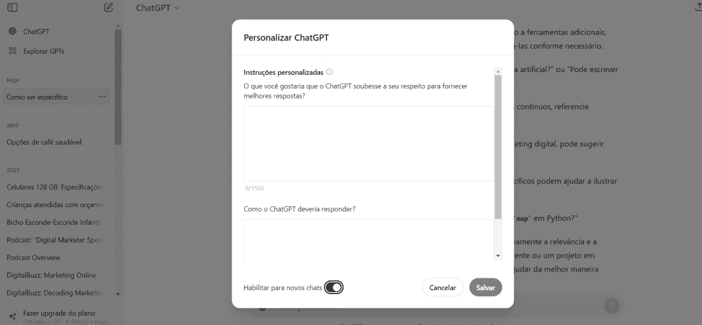 Captura de tela no app ChatGPT com prompt de comando