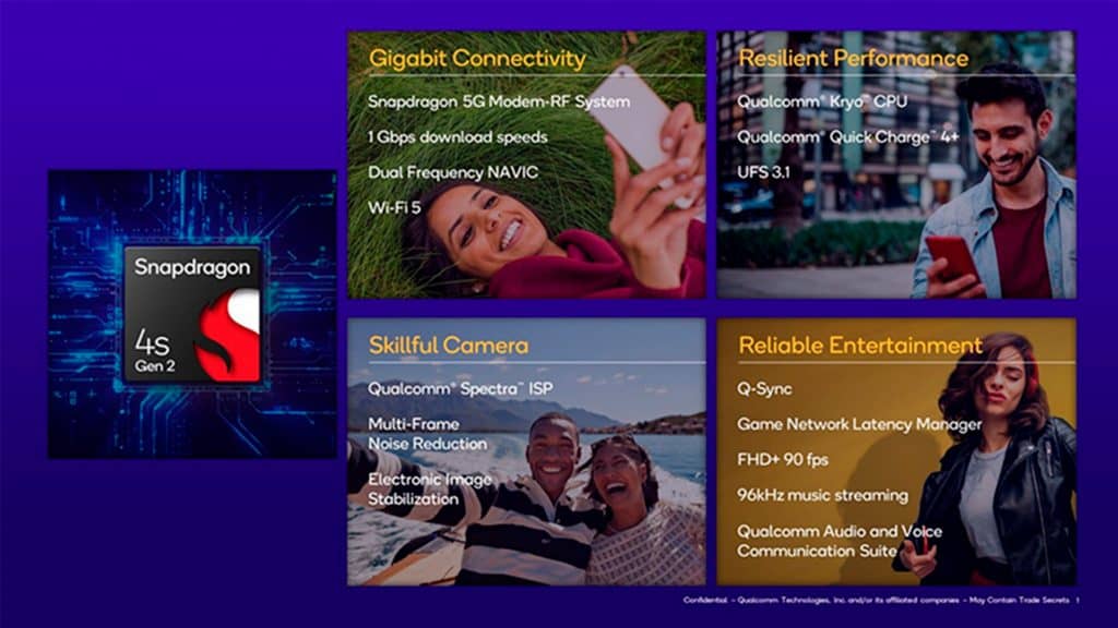 Montagem sobre atributos do chip Snapdragon 4s Gen 2, da Qualcomm