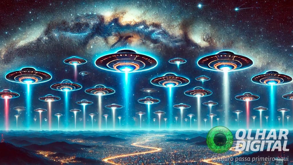 Ilustração de discos voadores sobre cidades em alusão à Noite dos Óvnis que ocorreu no Brasil