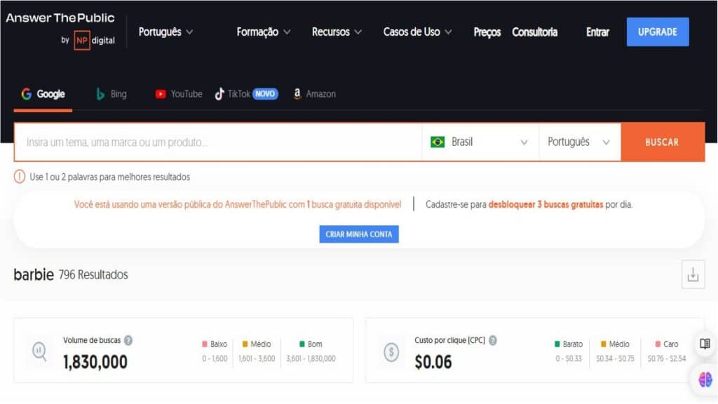 print do site Answer The Public na parte de procura por termos e palavras-chave