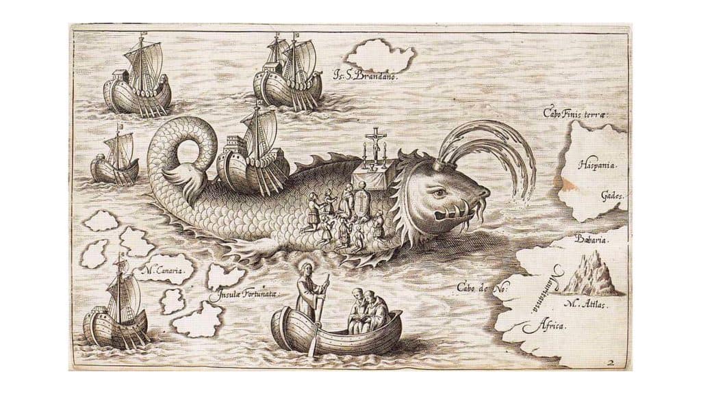 Ilustração medieval de monstro marinho gigante cercado por barcos no oceano