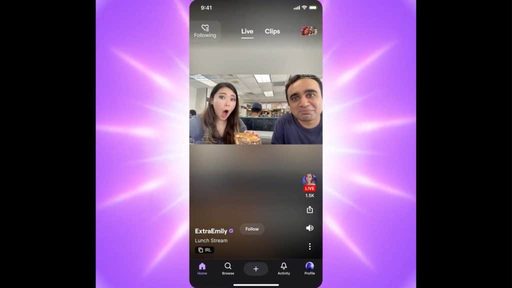 Montagem com captura de tela do novo aplicativo da Twitch
