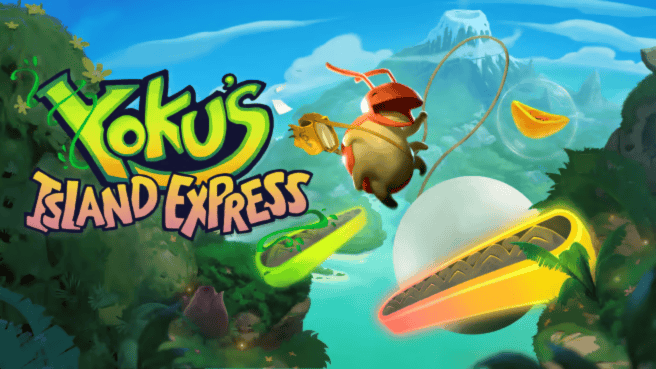 Capa do game Capa do game Yoku's Island Express. A imagem mostra um inseto, similar a uma barata, sorrindo e flutuando sobre um cenário aberto da natureza