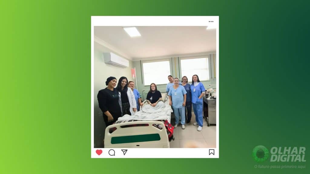 Montagem com foto de Carolina Arruda mostra a paciente internada para cirurgia para implantação de eletrodos