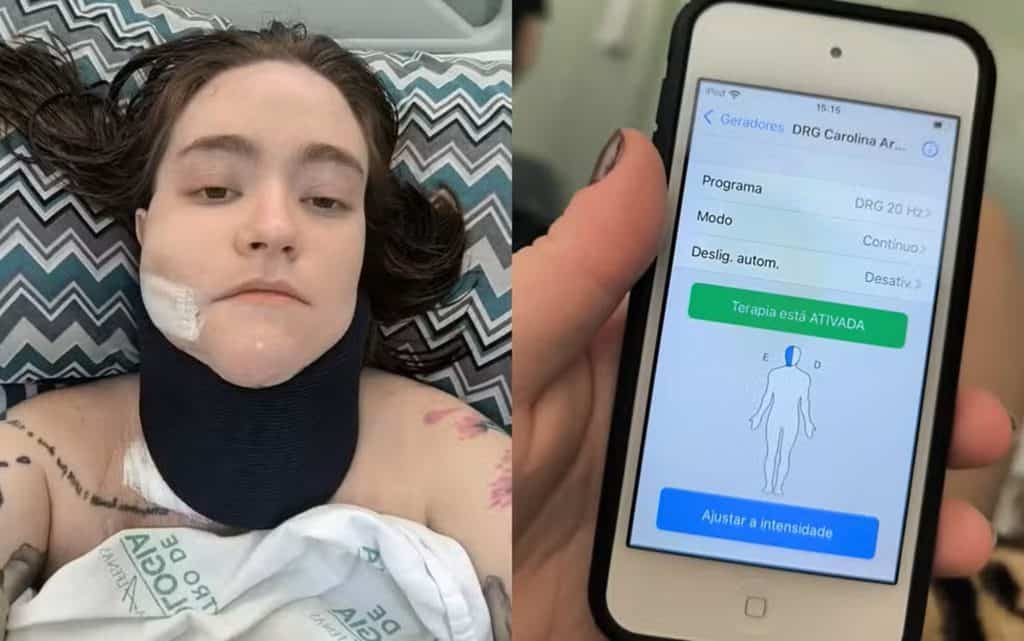 À esquerda, Caroçina Arruda deitada em uma cama; à direita, o iPod com o aplicativo aberto