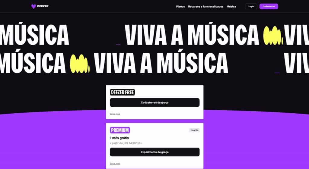 captura de tela do site do Deezer