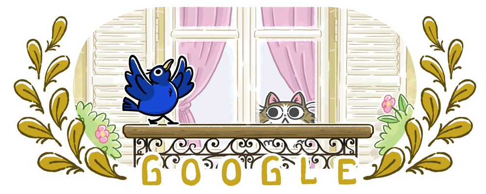 Imagem animada mostra um pássaro azul executando manobras no parapeito de uma janea, sendo observado por um gato