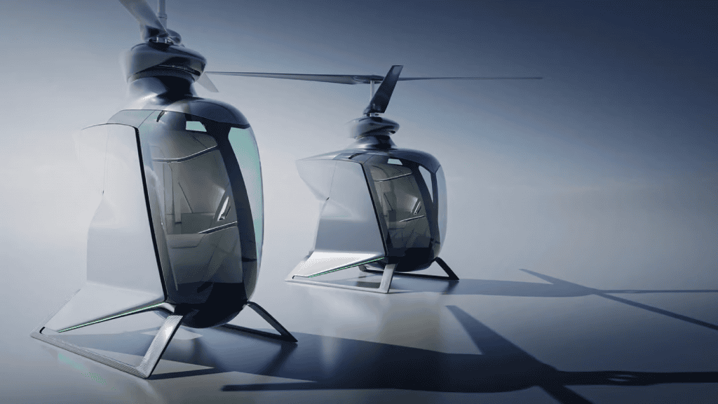 Imagem mostra o design de um helicóptero elétrico compacto para apenas uma pessoa