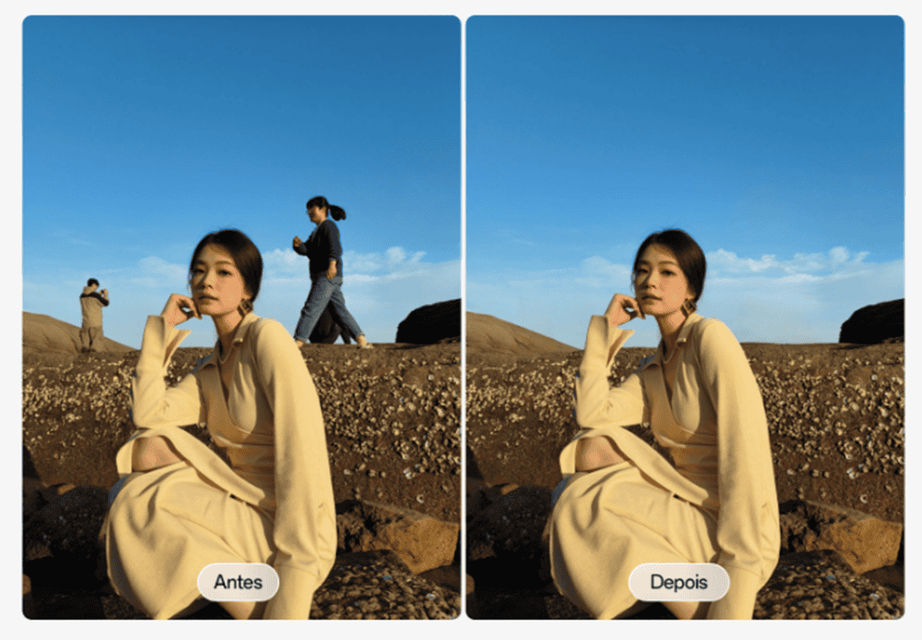 Exemplo de antes e depois de uma imagem editada no OPPO Reno 11 F