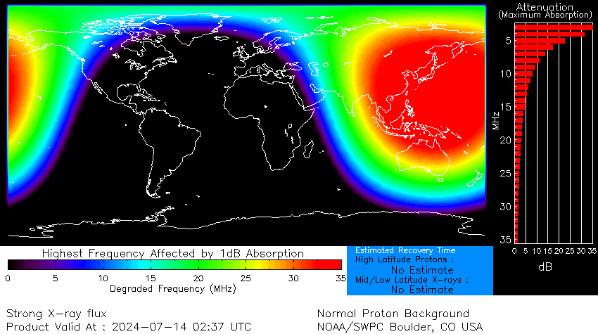 Apagões de rádio de ondas curtas no Sudeste Asiático, Austrália e Japão.(Crédito da imagem: NOAA/SWPC)
