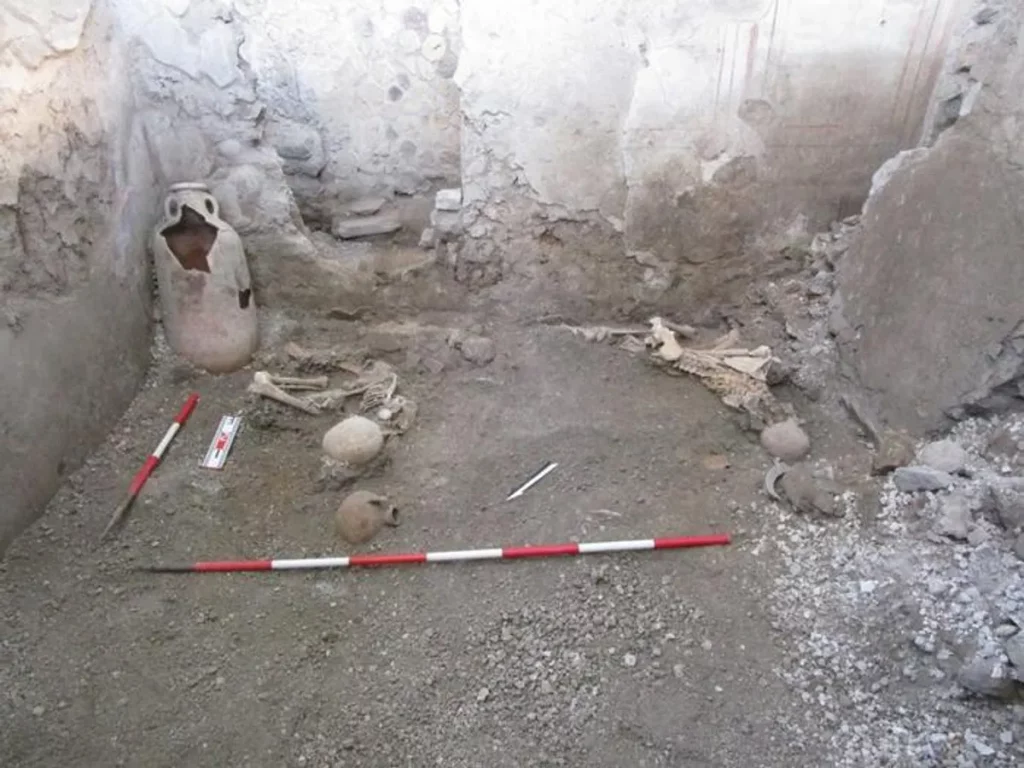 Imagem mostra dois esqueletos nas ruínas da cidade de Pompeia