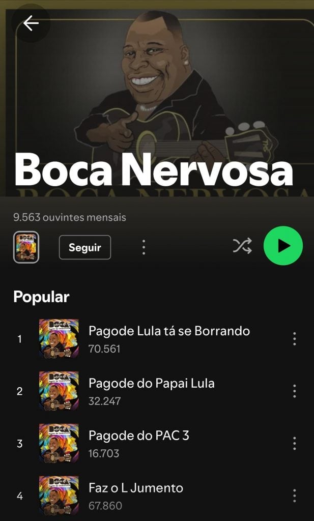 Página do Spotify com as canções do cantor Boca Nervosa