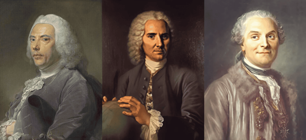 [ Pierre Bouguer (esquerda), Louis Godin (centro) e Charles Marie de La Condamine (direita) - Imagens: wikimedia.org