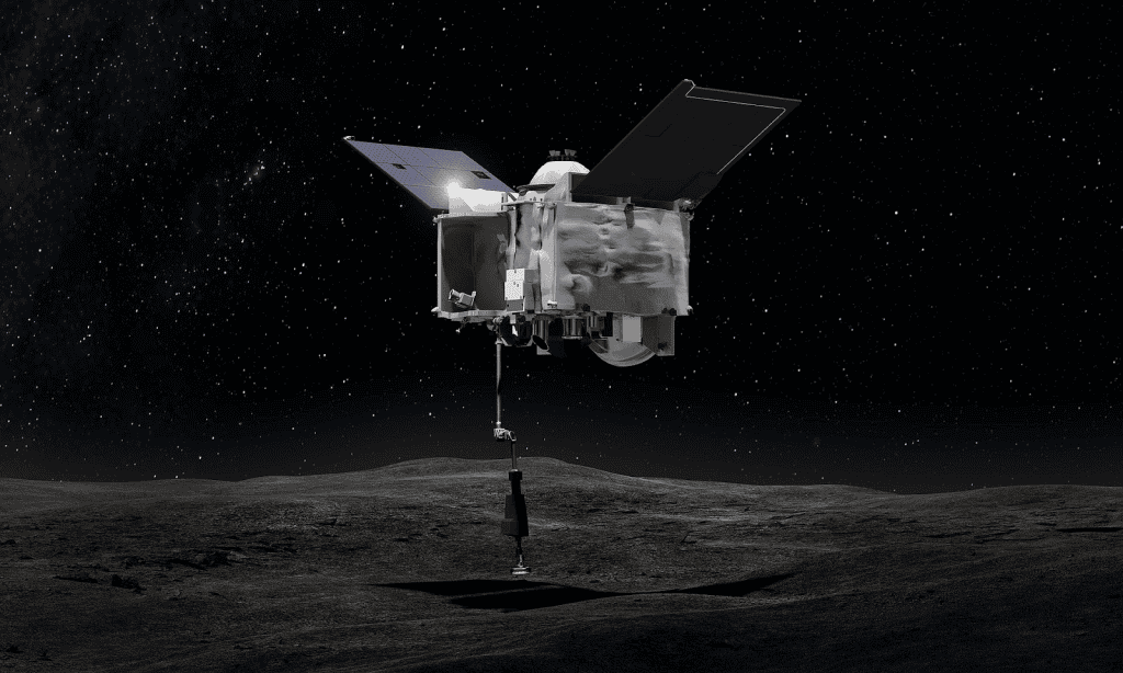 [ Concepção artística da sonda OSIRIS-REx tocando o asteroide Bennu - Créditos: NASA/Goddard Space Flight Center ]