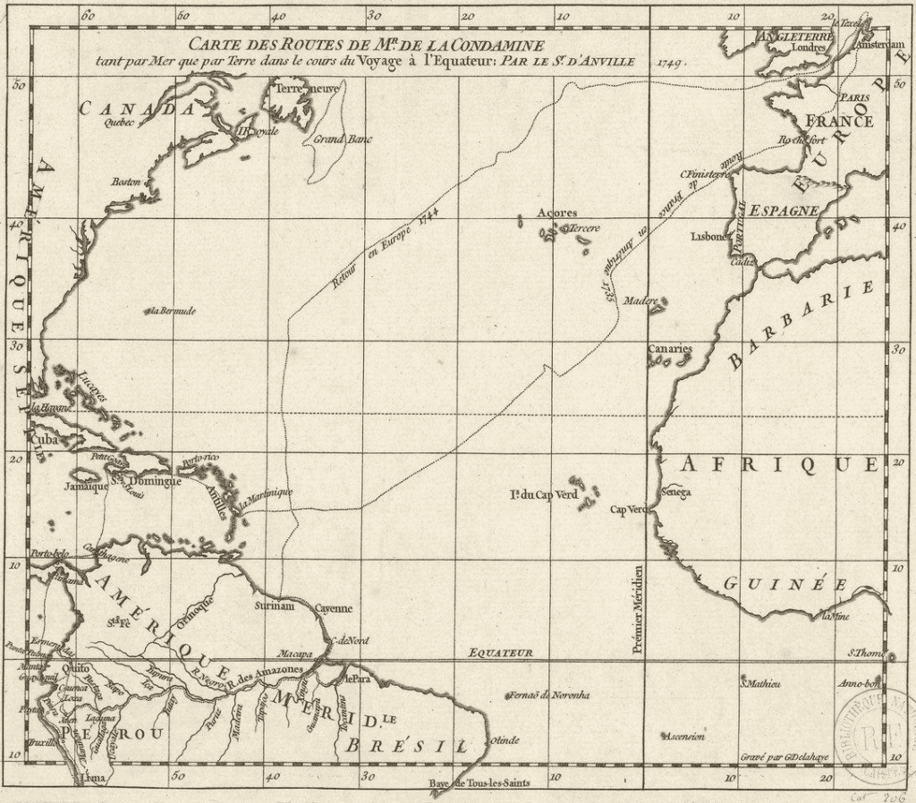 [ Mapa com a trajeto percorrido pela comitiva, da França ao Equador (na época, parte da Colônia Espanhola de Perou), e do retorno de La Condamine através da Amazônia - Créditos: Jean-Baptiste Bourguignon d'Anville e Delahaye Guillaume-Nicolas ]