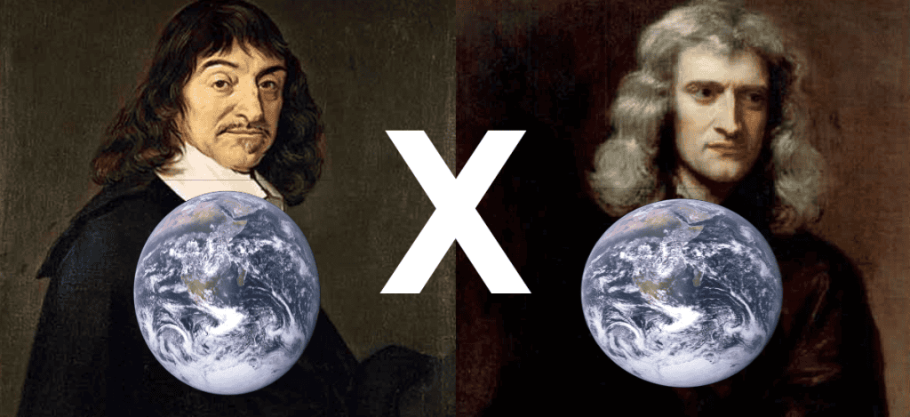 [ As teorias de René Descartes, à esquerda, e Isaac Newton, à esquerda, para a gravitação era uma disputa que poderia ser resolvida pela medição da forma da Terra ]