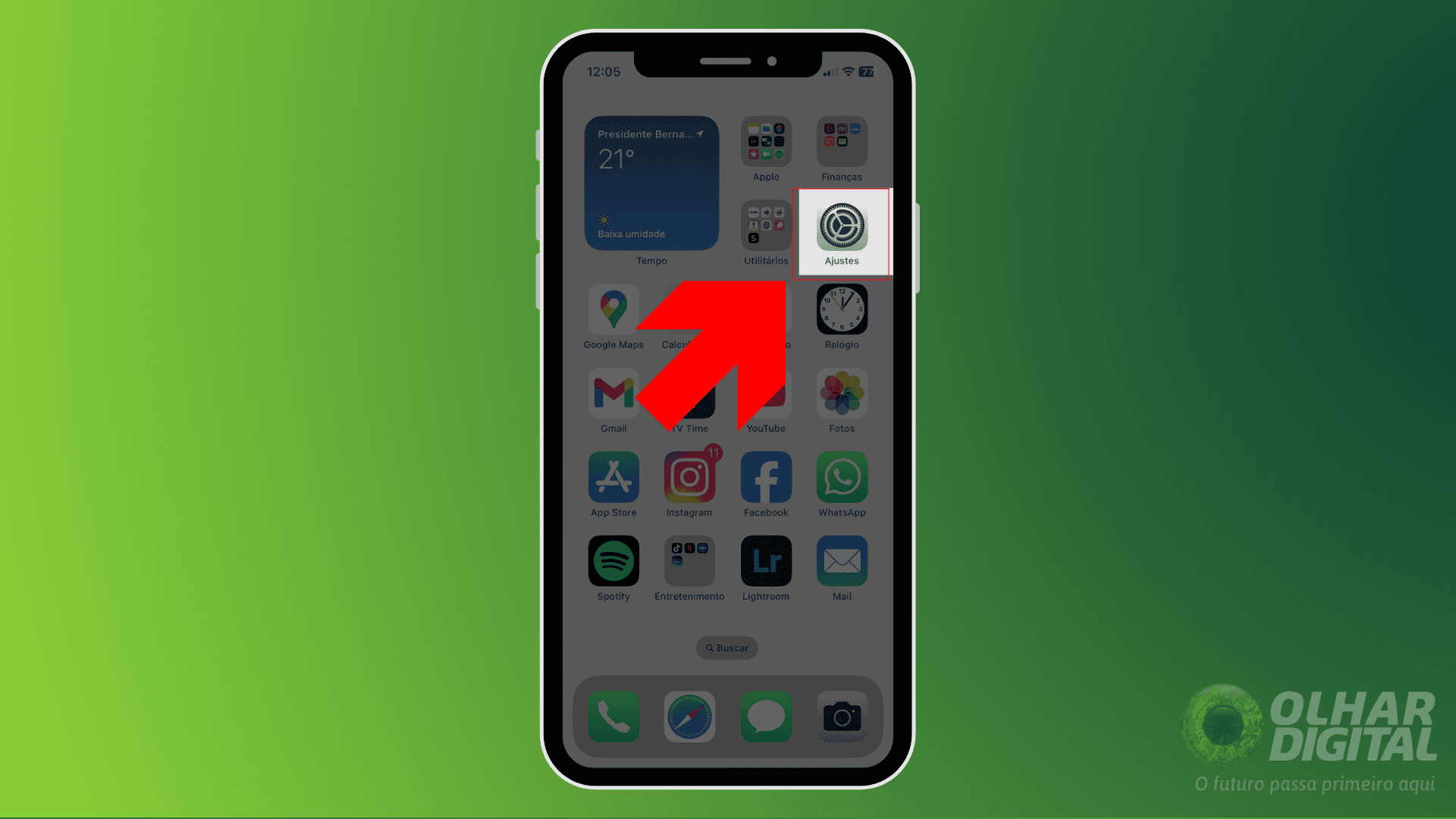 Seta aponta para o aplicativo ajustes no iphone