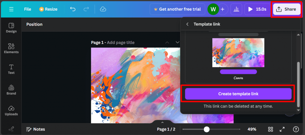 imagem mostra o botão para compartilhar o template do design do canva